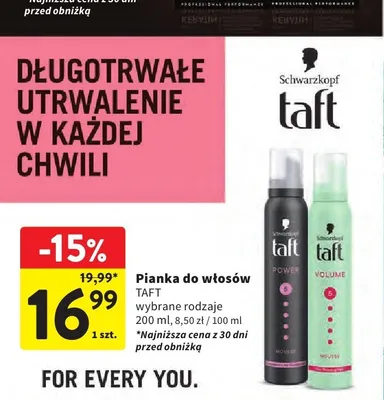 Pianka do włosów Taft Volume 200ml promocja w Intermarche