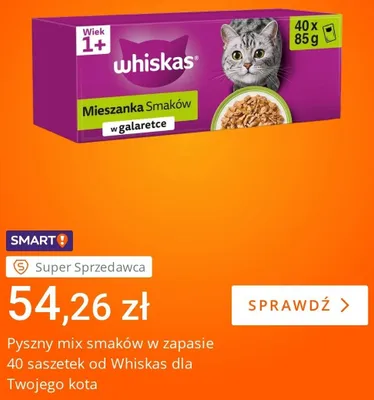 Karma dla kota Whiskas Mieszanka Smaków w galaretce 1+ 40-pak 85g promocja w Allegro