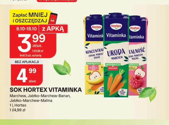 Sok Hortex Vitaminka jabłko-marchew-malina promocja w Chorten