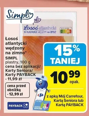 Łosoś atlantycki wędzony na zimno SIMPL plastry promocja w Carrefour Market