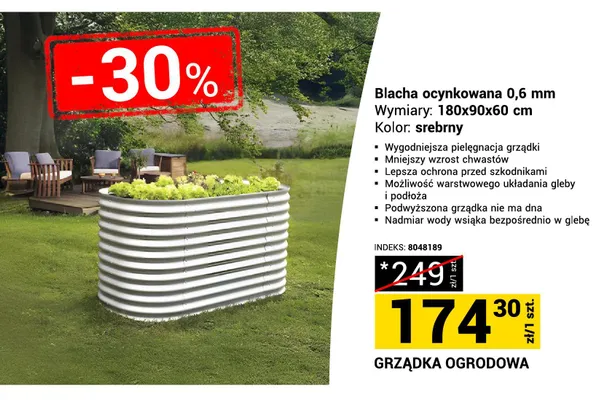 Grządka ogrodowa blacha ocynkowana 0,6mm 180x90x60cm srebrny promocja w Merkury Market