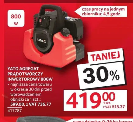 Agregat prądotwórczy inwertorowy Yato 800W promocja w Selgros