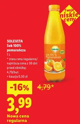 Sok pomarańcza Solevita 100% promocja w Lidl