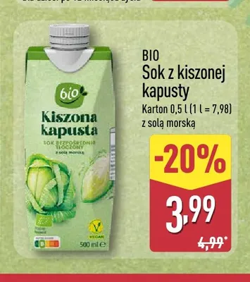 Sok z kiszonej kapusty z solą morską Bio promocja w Aldi