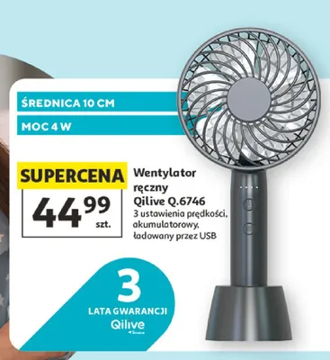 Wentylator ręczny Qilive Q.6746 średnica 10cm moc 4W 3 ustawienia prędkości akumulatorowy ładowany przez USB promocja w Auchan