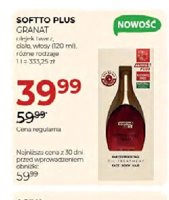 Olejek twarz ciało włosy granat Softto Plus promocja w Drogerie Jawa