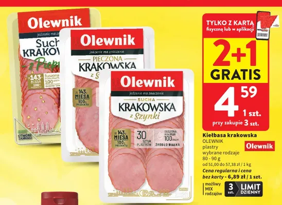 Kiełbasa krakowska pieczona z szynki w plastrach Olewnik promocja w Intermarche