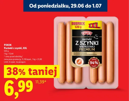 Parówki z szynki Pikok XXL promocja w Lidl