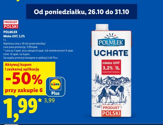 Mleko UHT Polmlek Uchate 3,2% promocja w Lidl