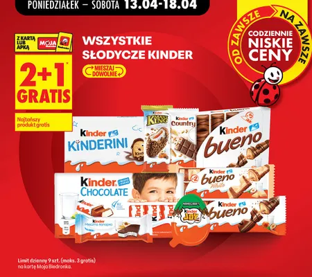Wszystkie słodycze Kinder 2+1 GRATIS promocja w Biedronka