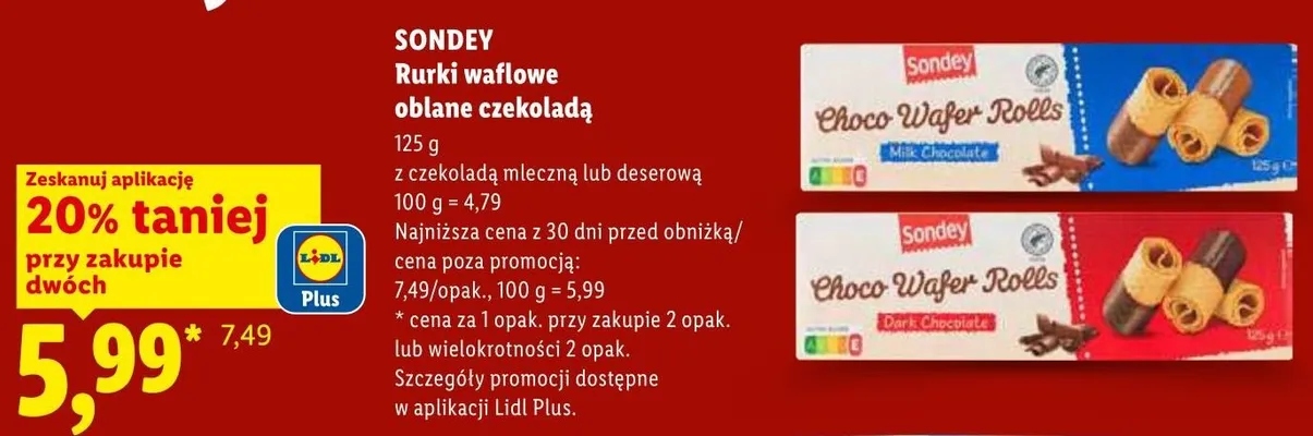 Rurki waflowe oblane czekoladą deserową Sondey promocja w Lidl