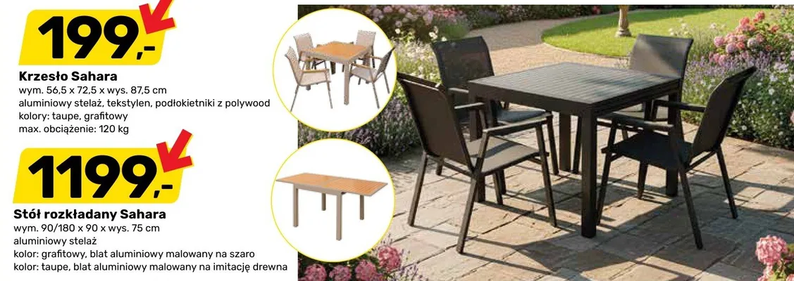 Stół rozkładany ogrodowy Sahara 90/180x90x75cm aluminiowy stelaż kolor grafitowy blat aluminiowy malowany na szaro kolor taupe blat aluminiowy malowany na imitację drewna promocja w Bricomarche