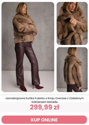 Jasnobrązowa kurtka futerko o kroju oversize z ozdobnym kołnierzem Monella Renee promocja w Renee