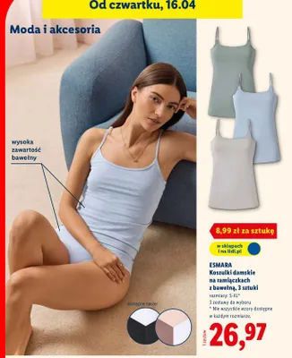 Koszulki damskie na ramiączkach z bawełną, 3 sztuki promocja w Lidl