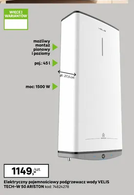 Elektryczny pojemnościowy podgrzewacz wody Velis Tech-W 50 Ariston promocja w Leroy Merlin