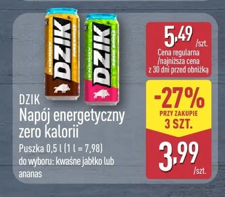 Napój energetyczny zero kalorii DZIK kwaśne jabłko promocja w Aldi