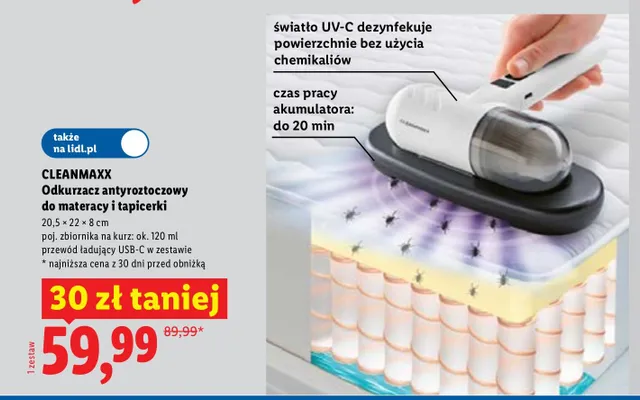 Odkurzacz antyroztoczowy do materacy i tapicerki Cleanmaxx promocja w Lidl