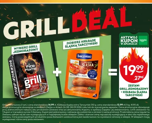 Zestaw grill jednorazowy + kiełbasa śląska Tarczyński promocja w Żabka