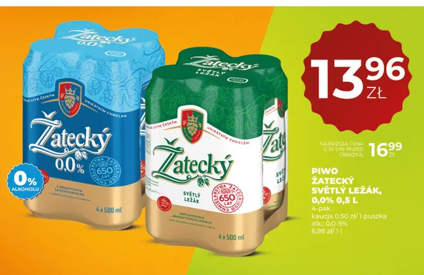 Piwo bezalkoholowe Žatecký 0,0% 4-pak 500ml promocja w Duży Ben