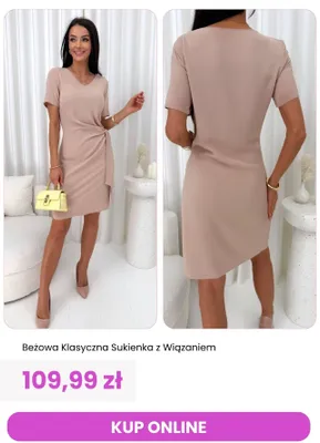 Sukienka klasyczna z wiązaniem beżowa ModnaKiecka.pl promocja w Modna Kiecka