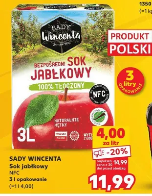 Sok jabłkowy Sady Wincenta 100% tłoczony NFC promocja w Kaufland