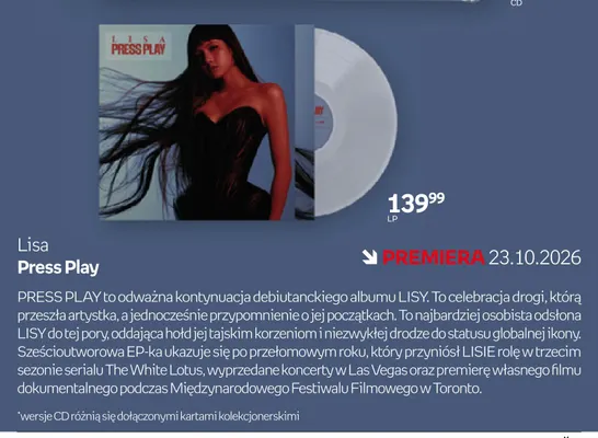 Płyta winylowa Lisa Press Play promocja w Empik