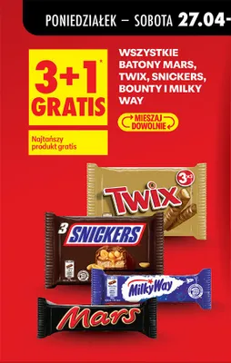 Wszystkie batony Mars, Twix, Snickers, Bounty i Milky Way 3+1 GRATIS promocja w Biedronka