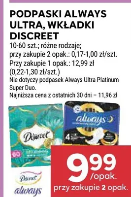 Podpaski Ultra, wkładki Discreet różne rodzaje promocja w Stokrotka