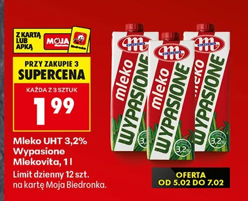 Mleko UHT 3,2% Wypasione Mlekovita, 1l promocja w Biedronka