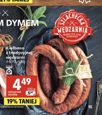 Kiełbasa z tradycyjnej wędzarni Szlachecka Wędzarnia promocja w Delikatesy Centrum