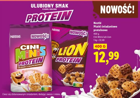 Płatki śniadaniowe proteinowe Cini Minis lub Lion promocja w Lidl