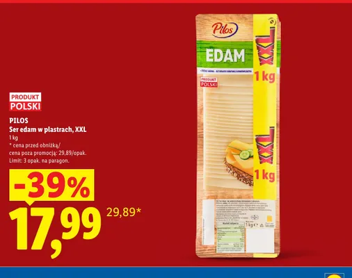 Ser edam w plastrach XXL Pilos promocja w Lidl