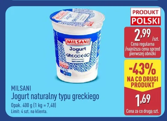 Jogurt naturalny typu greckiego Milsani promocja w Aldi
