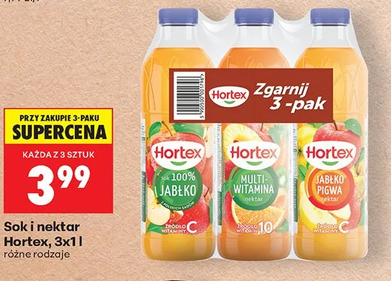 Sok Hortex jabłko 3-pak 1 l promocja w Biedronka
