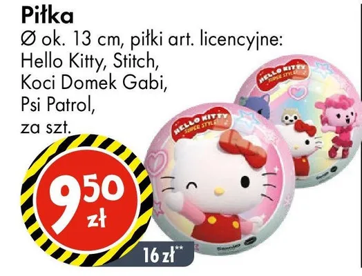 Piłka Ø ok. 13 cm, piłki art. licencyjne: Hello Kitty, Stitch, Koci Domek Gabi, Psi Patrol promocja w Tedi