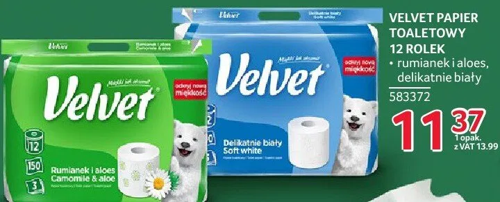 Papier toaletowy Velvet 12 rolek - rumianek i aloes, delikatnie biały promocja w Selgros
