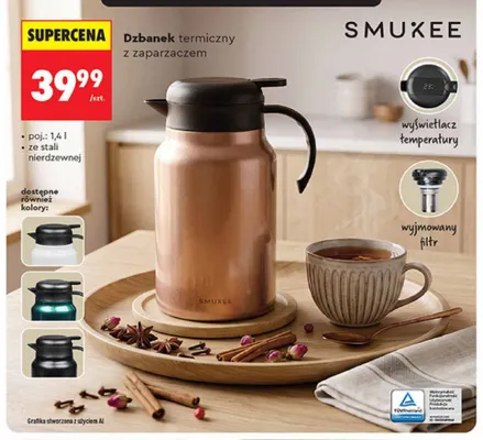 Dzbanek termiczny z zaparzaczem 1,4 l ze stali nierdzewnej Smukee promocja w Biedronka