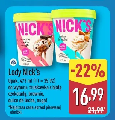 Lody Nick's truskawka z białą czekoladą promocja w Aldi