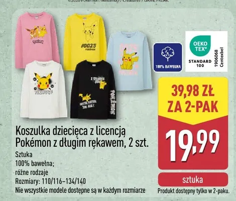 Koszulka dziecięca z licencją Pokémon z długim rękawem, 2 szt. promocja w Aldi
