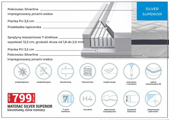 Materac Silver Superior kieszeniowy promocja w Merkury Market