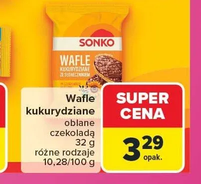 Wafle kukurydziane oblane czekoladą ze słonecznikiem Sonko promocja w Carrefour