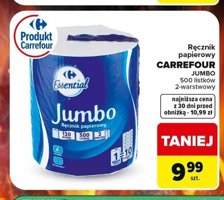 Ręcznik papierowy Carrefour Essential Jumbo 500 listków promocja w Carrefour