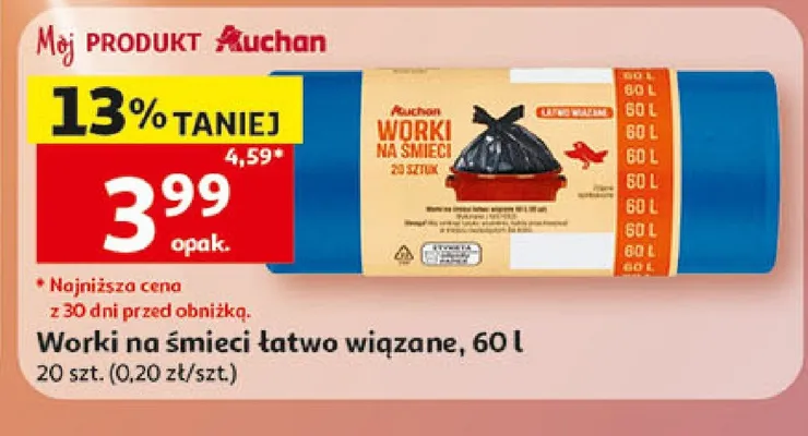 Worki na śmieci łatwo wiązane Auchan 60l promocja w Auchan