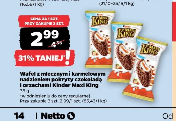 Wafel z mlecznym i karmelowym nadzieniem pokryty czekoladą i orzechami Kinder Maxi King promocja w Netto