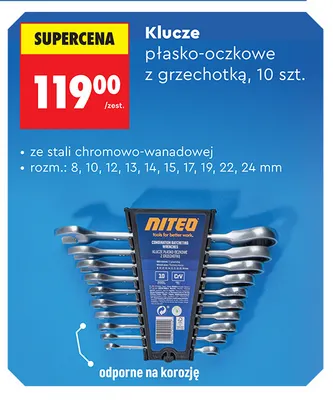 Klucze płasko-oczkowe z grzechotką 10 szt. Niteo promocja w Biedronka