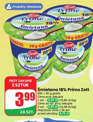 Śmietana Primo Zott 18% promocja w Dino