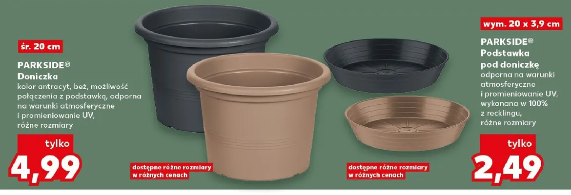 Podstawka pod doniczkę odporna na warunki atmosferyczne i promieniowanie UV, wykonana w 100% z reklingu, różne rozmiary promocja w Kaufland