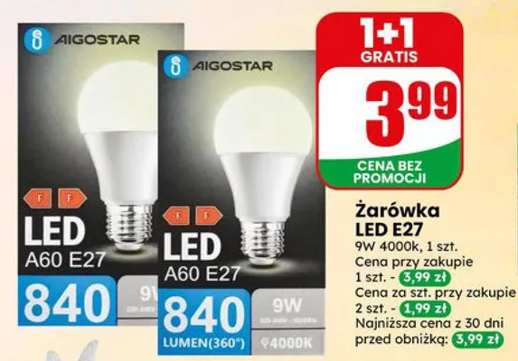 Żarówka LED E27 Aigostar A60 9W 4000k promocja w Dino