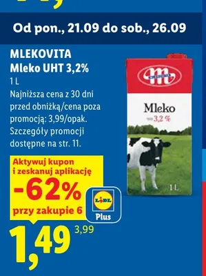 Mleko UHT Mlekovita 3,2% promocja w Lidl