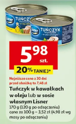 Tuńczyk w kawałkach w oleju lub w sosie własnym Lisner promocja w Auchan